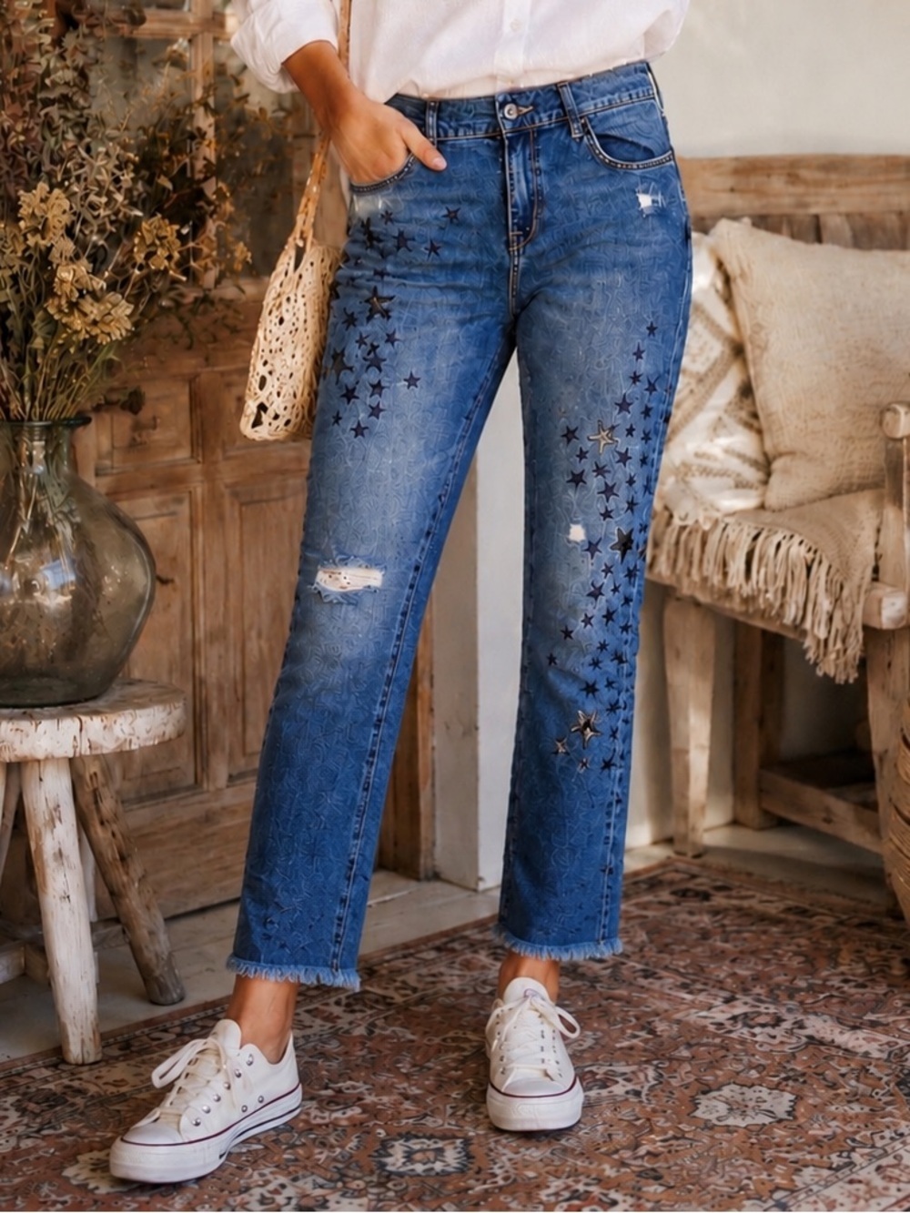 Pilcro and the Letterpress Anthropologie Boyfriend Star Embroidered Sequin Jeans